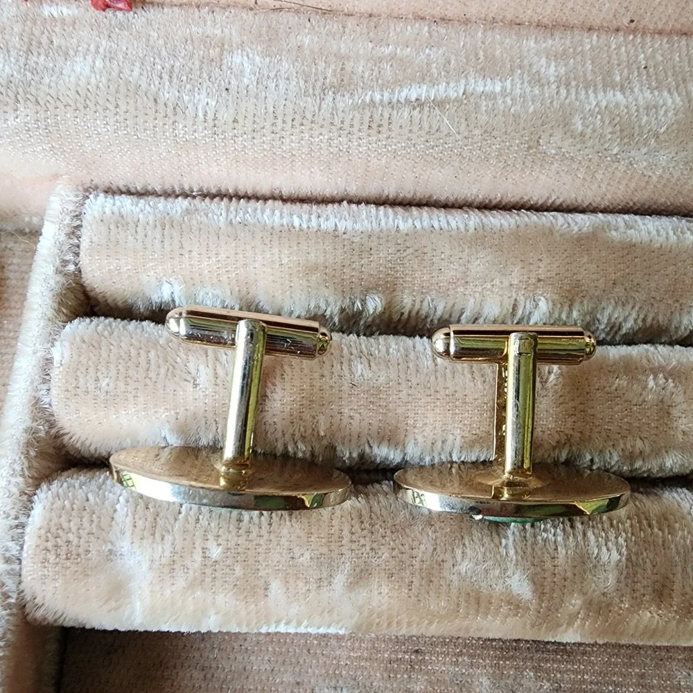DANTE‎ Cufflinks Vintage Green Jade Stone Gold Tone Classic Menswear